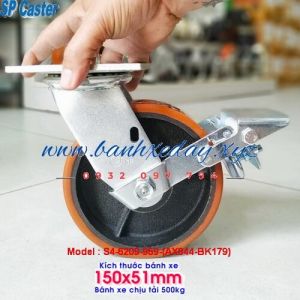 Bánh xe pu gang xoay có khóa d150mm chịu tải 500kg SP Caster càng thép