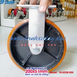 Bánh xe PU 200 nòng gang SP Caster chịu lực 500kg càng thép không quay