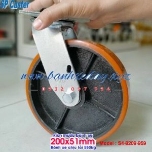 Bánh xe đẩy 200mm PU lõi Gang chịu tải 550kg SP Caster càng thép xoay